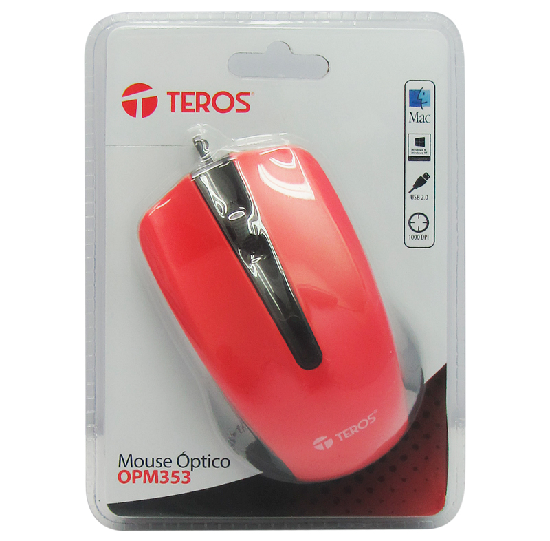 Mouse óptico Teros OPM353, 1000 dpi, USB 2.0, Rojo / Negro