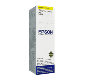 Botella de tinta EPSON 673 (T673420), color amarillo, contenido 70 ml, para impresora L800. Presentación en caja.